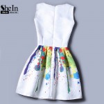 SheIn Women Fashionable Dresses 2016 Summer Style Ladies Elegant Multicolor Sleeveless Graffiti Print Jacquard A Line Dress