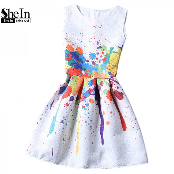 SheIn Women Fashionable Dresses 2016 Summer Style Ladies Elegant Multicolor Sleeveless Graffiti Print Jacquard A Line Dress