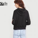 SheIn Women Hoodies Sweatshirts Streetwear Women Black Drop Shoulder Embroidered Flower Applique Pullovers Hoodie