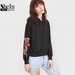 SheIn Women Hoodies Sweatshirts Streetwear Women Black Drop Shoulder Embroidered Flower Applique Pullovers Hoodie