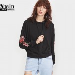 SheIn Women Hoodies Sweatshirts Streetwear Women Black Drop Shoulder Embroidered Flower Applique Pullovers Hoodie