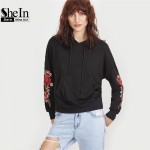 SheIn Women Hoodies Sweatshirts Streetwear Women Black Drop Shoulder Embroidered Flower Applique Pullovers Hoodie