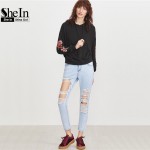 SheIn Women Hoodies Sweatshirts Streetwear Women Black Drop Shoulder Embroidered Flower Applique Pullovers Hoodie