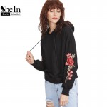 SheIn Women Hoodies Sweatshirts Streetwear Women Black Drop Shoulder Embroidered Flower Applique Pullovers Hoodie