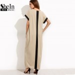 SheIn Women Loose Long Dresses Summer Dresses Casual Color Block Pocket Round Neck Short Sleeve Shift Maxi Dress