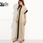 SheIn Women Loose Long Dresses Summer Dresses Casual Color Block Pocket Round Neck Short Sleeve Shift Maxi Dress