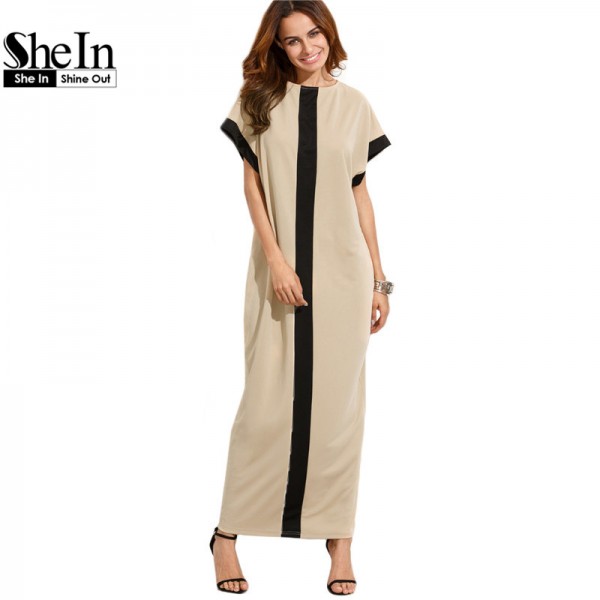 SheIn Women Loose Long Dresses Summer Dresses Casual Color Block Pocket Round Neck Short Sleeve Shift Maxi Dress