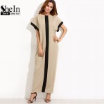 SheIn Women Loose Long Dresses Summer Dresses Casual Color Block Pocket Round Neck Short Sleeve Shift Maxi Dress