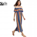 SheIn Women New Summer Beach Casual Long Dresses Ladies Multicolor Striped Short Sleeve Off The Shoulder Ruffle Dress