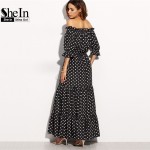 SheIn Women Summer Beach Long Dresses Ladies Black and White Polka Dot Off The Shoulder Half Sleeve Tie Waist A Line Maxi Dress