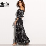 SheIn Women Summer Beach Long Dresses Ladies Black and White Polka Dot Off The Shoulder Half Sleeve Tie Waist A Line Maxi Dress