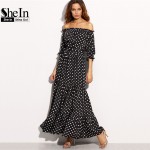 SheIn Women Summer Beach Long Dresses Ladies Black and White Polka Dot Off The Shoulder Half Sleeve Tie Waist A Line Maxi Dress