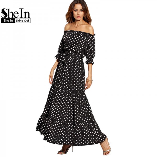 SheIn Women Summer Beach Long Dresses Ladies Black and White Polka Dot Off The Shoulder Half Sleeve Tie Waist A Line Maxi Dress