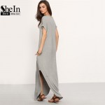 SheIn Women Summer Casual Shift Dresses Womens Plain Grey V Neck Short Sleeve Rolled-cuff Pockets Split Maxi Dress