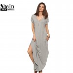 SheIn Women Summer Casual Shift Dresses Womens Plain Grey V Neck Short Sleeve Rolled-cuff Pockets Split Maxi Dress