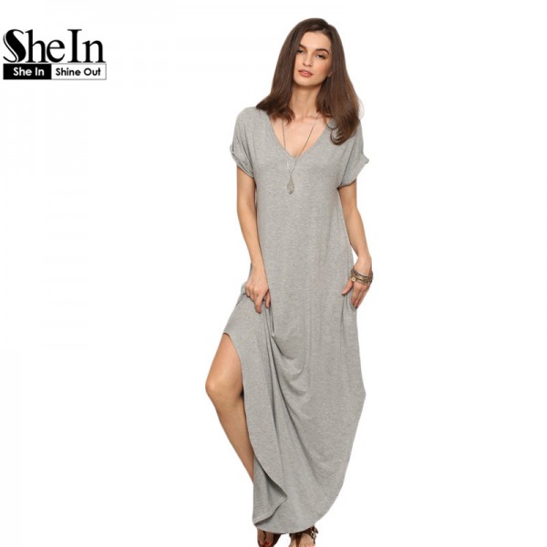 SheIn Women Summer Casual Shift Dresses Womens Plain Grey V Neck Short Sleeve Rolled-cuff Pockets Split Maxi Dress