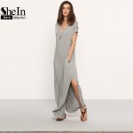 SheIn Women Summer Casual Shift Dresses Womens Plain Grey V Neck Short Sleeve Rolled-cuff Pockets Split Maxi Dress