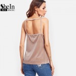 SheIn Women Summer Tops Camisole Top Sexy Tops for Women Pink Lace Patchwork Hollow Back Spaghetti Strap Velvet Cami Top