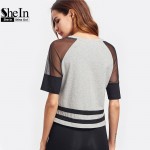 SheIn Women Tops Summer 2017 Women Clothing Heather Grey Contrast Mesh Raglan Sleeve Striped Hem Casual T-shirt