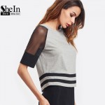 SheIn Women Tops Summer 2017 Women Clothing Heather Grey Contrast Mesh Raglan Sleeve Striped Hem Casual T-shirt