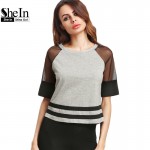 SheIn Women Tops Summer 2017 Women Clothing Heather Grey Contrast Mesh Raglan Sleeve Striped Hem Casual T-shirt