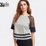 SheIn Women Tops Summer 2017 Women Clothing Heather Grey Contrast Mesh Raglan Sleeve Striped Hem Casual T-shirt