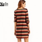 SheIn Womens Autumn Casual Shift Dresses Ladies Multicolor Striped Round Neck Roll Sleeve Dress With Patch Pocket