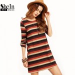 SheIn Womens Autumn Casual Shift Dresses Ladies Multicolor Striped Round Neck Roll Sleeve Dress With Patch Pocket