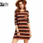 SheIn Womens Autumn Casual Shift Dresses Ladies Multicolor Striped Round Neck Roll Sleeve Dress With Patch Pocket