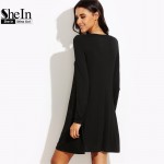 SheIn Womens Basic Short Dresses For Autumn 2016 Ladies Solid Black Round Neck Long Sleeve A Line T-shirt Dress