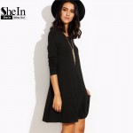 SheIn Womens Basic Short Dresses For Autumn 2016 Ladies Solid Black Round Neck Long Sleeve A Line T-shirt Dress