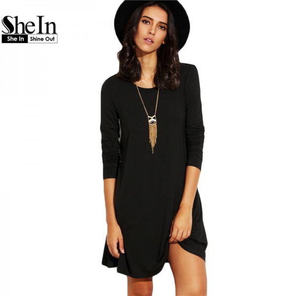 SheIn Womens Basic Short Dresses For Autumn 2016 Ladies Solid Black Round Neck Long Sleeve A Line T-shirt Dress