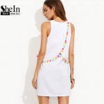 SheIn Womens Boho Dresses New Arrival Women Clothing Ladies Summer White Tassel Trim Round Neck Sleeveless A-line Tank Dress