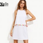 SheIn Womens Boho Dresses New Arrival Women Clothing Ladies Summer White Tassel Trim Round Neck Sleeveless A-line Tank Dress