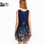 SheIn Womens Dresses New Arrival 2017 Navy Buttoned Keyhole Back Flower Print Scoop Neck Sleeveless A Line Dress