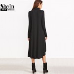 SheIn Womens Dresses New Arrival Autumn Full Sleeve Dresses Black Cowl Neck Long Sleeve High Low Swing T-shirt Dress