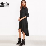 SheIn Womens Dresses New Arrival Autumn Full Sleeve Dresses Black Cowl Neck Long Sleeve High Low Swing T-shirt Dress