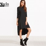 SheIn Womens Dresses New Arrival Autumn Full Sleeve Dresses Black Cowl Neck Long Sleeve High Low Swing T-shirt Dress