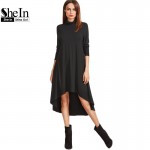 SheIn Womens Dresses New Arrival Autumn Full Sleeve Dresses Black Cowl Neck Long Sleeve High Low Swing T-shirt Dress