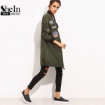 SheIn Womens Long Casual Jackets For Autumn Army Green PU Leather Patch Pocket Zipper Stand Collar Long Sleeve Basic Jacket Coat