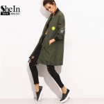 SheIn Womens Long Casual Jackets For Autumn Army Green PU Leather Patch Pocket Zipper Stand Collar Long Sleeve Basic Jacket Coat