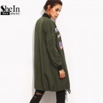 SheIn Womens Long Casual Jackets For Autumn Army Green PU Leather Patch Pocket Zipper Stand Collar Long Sleeve Basic Jacket Coat