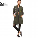 SheIn Womens Long Casual Jackets For Autumn Army Green PU Leather Patch Pocket Zipper Stand Collar Long Sleeve Basic Jacket Coat