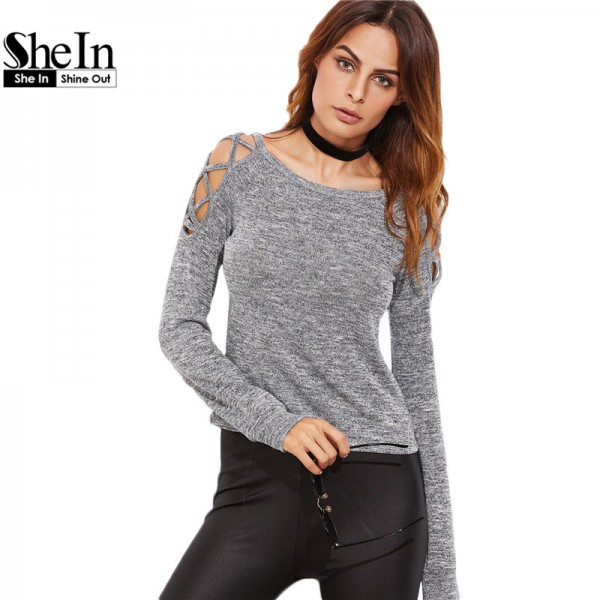 SheIn Womens Long Sleeve Tops Womens Clothing Autumn Casual Tee Shirt Grey Marled Crisscross Hollow Out Open Shoulder T-shirt