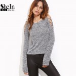 SheIn Womens Long Sleeve Tops Womens Clothing Autumn Casual Tee Shirt Grey Marled Crisscross Hollow Out Open Shoulder T-shirt