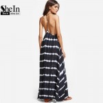 SheIn Womens Summer Dresses 2017 Navy Tie Dye Stripe Print Y Back Maxi Dress Halter Sleeveless Vintage A Line Dress