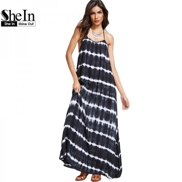 SheIn Womens Summer Dresses 2017 Navy Tie Dye Stripe Print Y Back Maxi Dress Halter Sleeveless Vintage A Line Dress