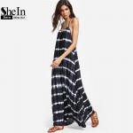 SheIn Womens Summer Dresses 2017 Navy Tie Dye Stripe Print Y Back Maxi Dress Halter Sleeveless Vintage A Line Dress