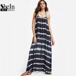 SheIn Womens Summer Dresses 2017 Navy Tie Dye Stripe Print Y Back Maxi Dress Halter Sleeveless Vintage A Line Dress