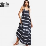 SheIn Womens Summer Dresses 2017 Navy Tie Dye Stripe Print Y Back Maxi Dress Halter Sleeveless Vintage A Line Dress